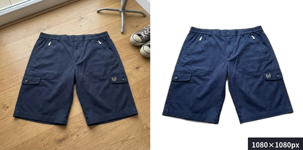 紺色のカーゴショートパンツの出品写真。左はフローリングで撮ったままの写真、右は商品を切らずに白背景の正方形1080×1080に整えたもの