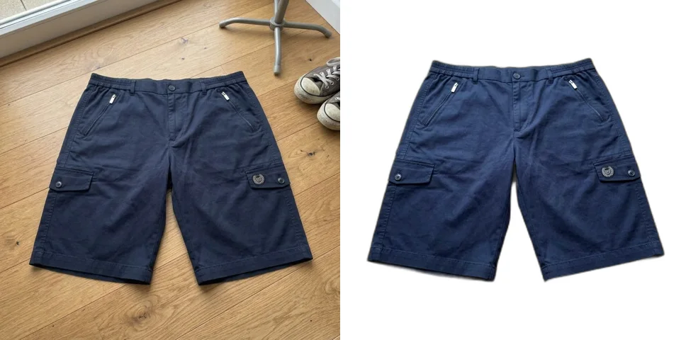 紺色のカーゴショートパンツの出品写真。左はフローリングの床で撮影したもの、右は背景を白に加工したもの