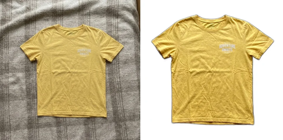 黄色のTシャツの出品写真。左はブランケットの上で撮影したもの、右は背景を白に加工したもの